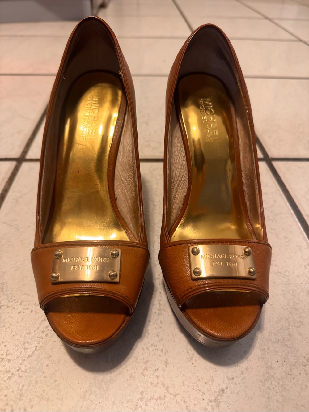 Michael Kors Tan Leather Open-Toe Pumps with Gold Plate